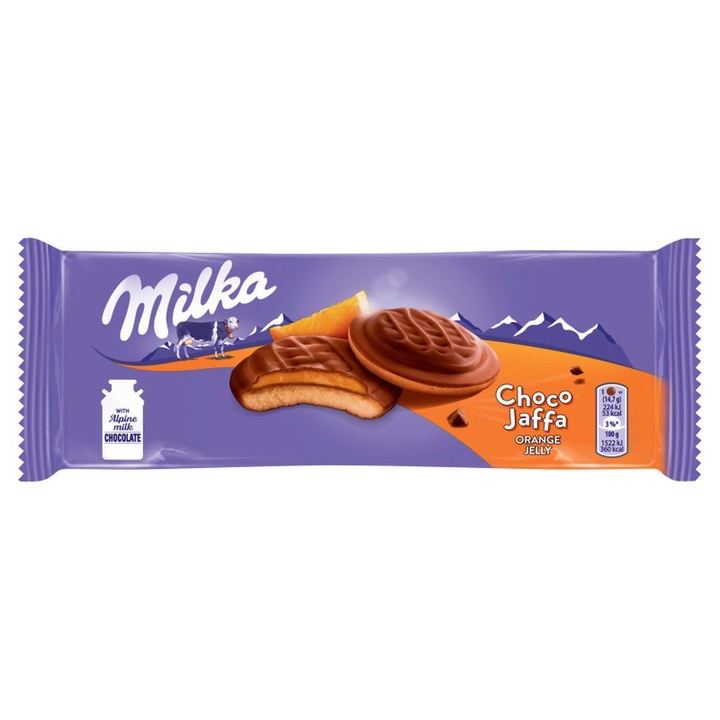 Biscuiti Milka Choco Jaffa cu jeleu de portocale acoperiti cu ciocolata cu lapte Mondelez, 147 g