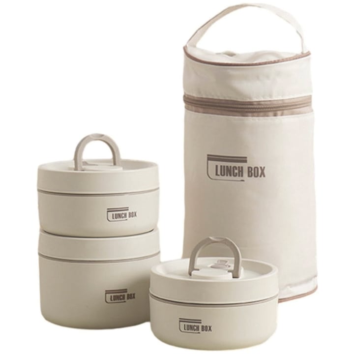 Set de 3 Cutii de Pranz Bento 1480 ml, SINBINTA, Cutie Alimentara cu Geanta Termo-Izolanta pentru Transport, Antiscurgere, Reutilizabila, pentru microunde, masina de spalat si congelator, Inox/PP, 13.5x13.5x24cm, Bej