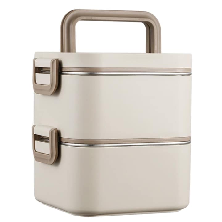 Set de 2 Cutii de Pranz Bento 1400 ml, SINBINTA, Cutie Alimentara, Duble, Antiscurgere, Reutilizabila, Curatare usoara, Portabila, Pentru microunde, masina de spalat si congelator, Inox/PP, 12.5x12.5x14cm, Bej