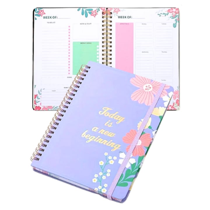 Heti tervező és szervező napló fémspirállal, szokáskövető, teendőlista, zárható gumi, naptár és névjegyzék, virágborító, Ma új kezdet, 160 oldal, A5, lila