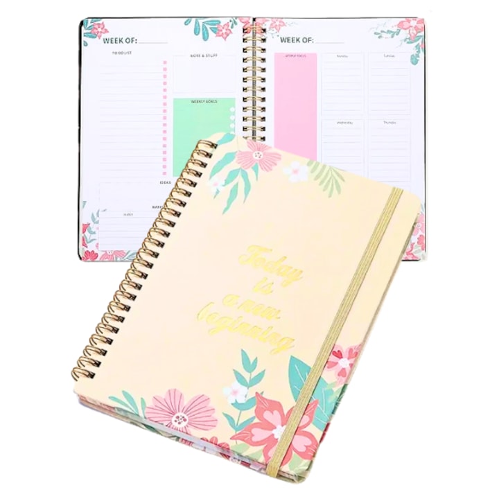 Heti tervező és szervező napló fémspirállal, szokáskövető, teendőlista, rugalmas záródás, naptár és névjegyzék, virágborító, Ma új kezdet, 160 oldal, A5, bézs