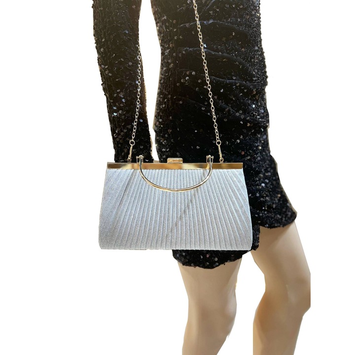 Női fényes kézitáska, Princess Bag, Elegáns estélyi táska, 24x15x5cm, levehető lánccal, Szürke, 1db szett