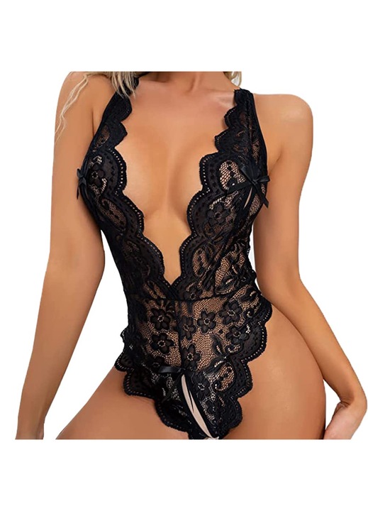 Szexi fehérnemű, V-nyakú, csipke, fekete, Fekete, L