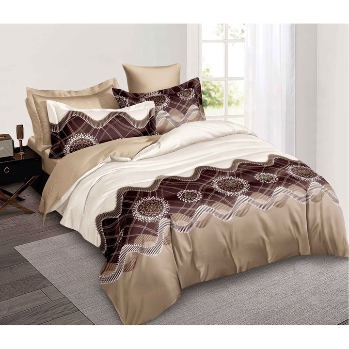 Двоен комплект спално бельо във фино, с 4 калъфки за възглавници, Evia Home, Brown Oriental