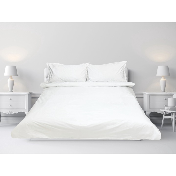 Lenjerie de pat 4 piese, Bumbac satinat RANFORCE, alb, pentru pat de 120x200 cm