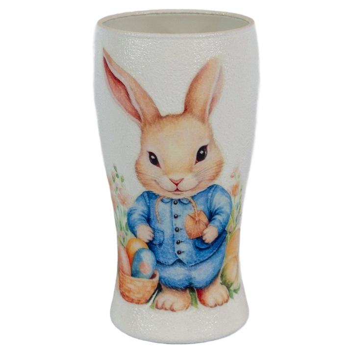 Vaza de sticla decorata cu iepurasi, 8x8x16 cm