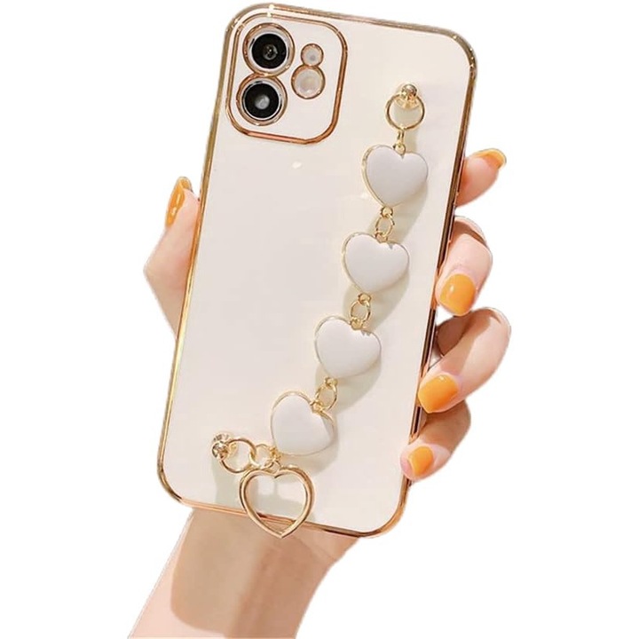 Husa compatibila cu iPhone 12, cu inimi, auriu/alb