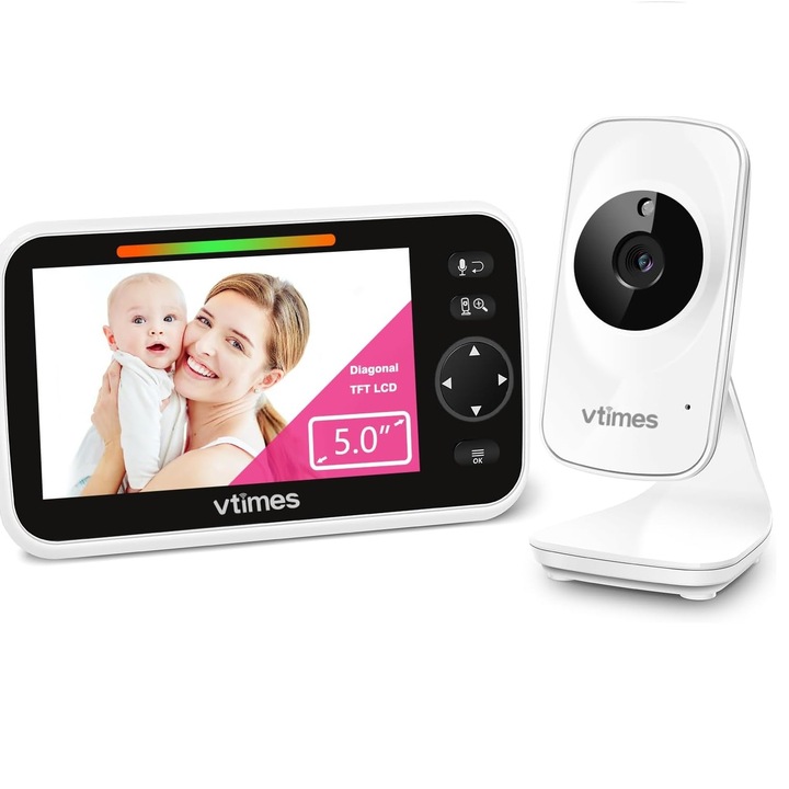 Baby monitor VTimes, 5" LCD, Monitor video pentru bebelusi, comunicare bidirectionala, viziune nocturna, alb, 100m raza de actiune