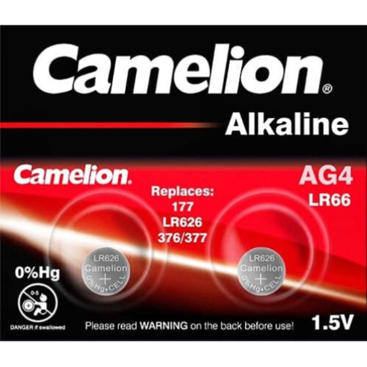 Set 2 baterii AG4, LR626, LR66, 177, alkaline, 1.5V, Camelion