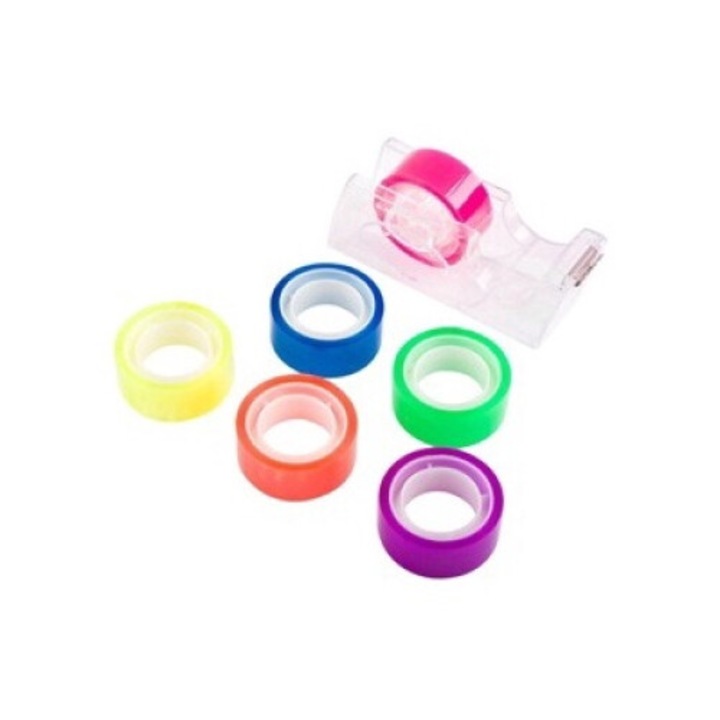 Прозрачен държач за тиксо с 6 цветни тиксо 18 мм x 10 м