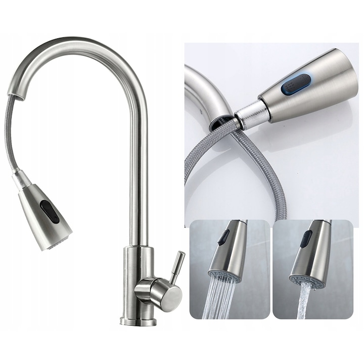 Konyhai mosogató csaptelep, Fontes, Kígyó alakú, 6001073, Forgatható, Egykaros, Króm, Kihúzható zuhanyfejjel, Állítható, Króm