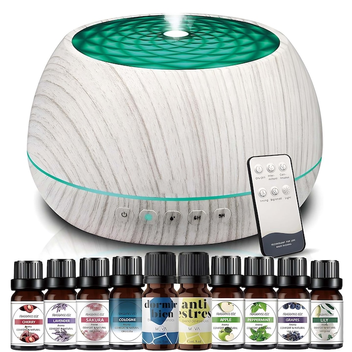 Difuzor Aromaterapie, Difuzor de ulei Esential 7 culori LED, cu difuzor Bluetooth, Control Prin Telecomanda, Capacitate 1000ml, Silentios, Umidificator cu Ultrasunete, Granuri albe de lemn