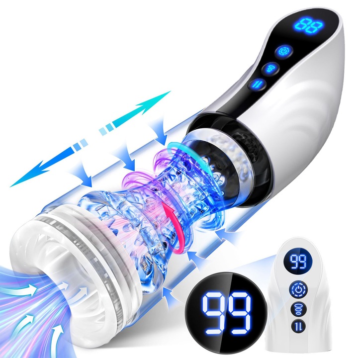 Masturbator automat pentru barbati, 9 moduri de impingere, rotatie si suctiune, display LCD, material TPE, usor de curatat