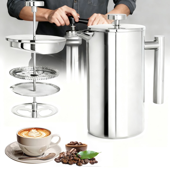 Cafetiera cu Presa Franceza, Set 2 In 1 Presa Franceza Pentru de Cafea, Capacitate Mare 1000 Ml, Otel Inoxidabil 304 Durabil, Cana cu Pereti Dubli, 3 Filtre, Maner Ergonomic, Rasnita Manuala cu Reglare Granulatie, Pudra Uniforma, Mat, Argintiu
