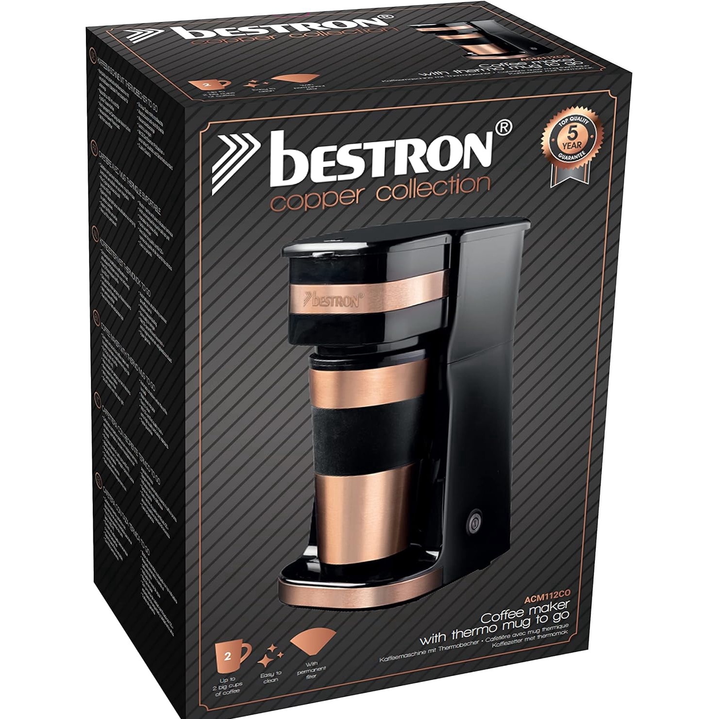 Cafetiera Bestron Copper Collection, 750 W, cana termoizolanta inclusa 420 ml, cu filtru permanent, cafea in 2 minute, Cupru