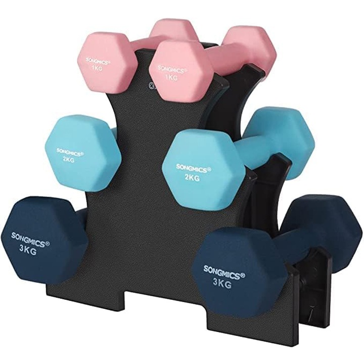 SONGMICS Set de 6 gantere hexagonale cu suport, 2x1 kg 2x2 kg 2x3 kg, multicolor