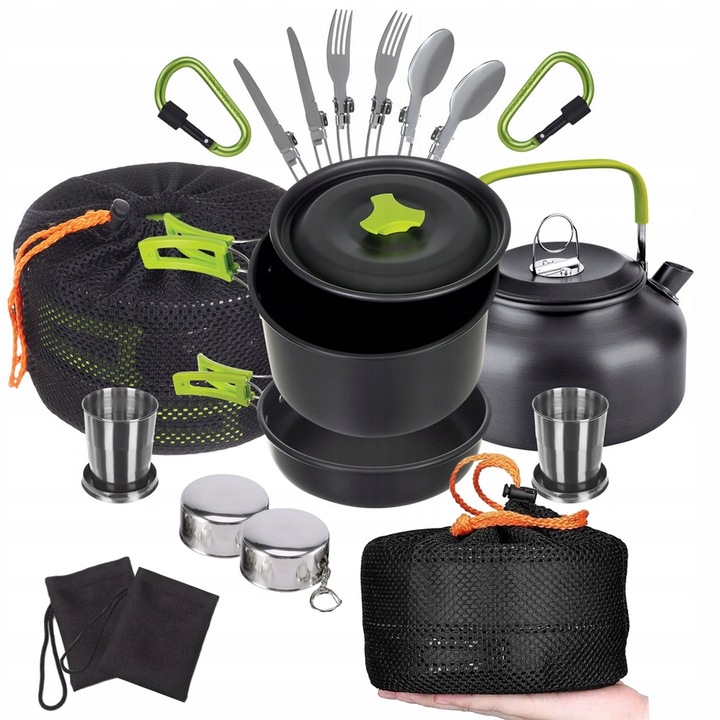 Set de vase camping, HANGZHOU, 18 in 1, negru, usor de transportat