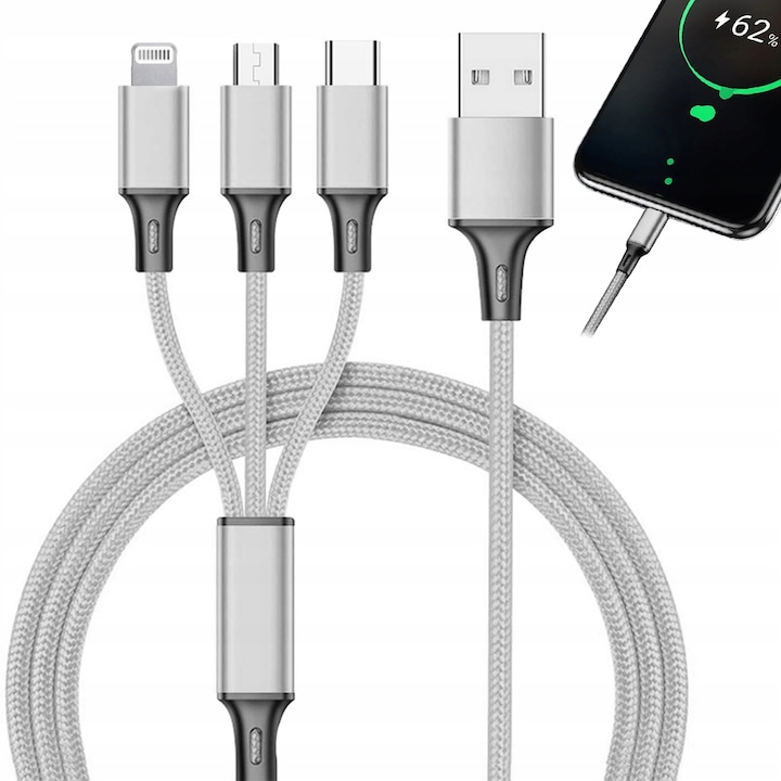 USB kábel 3 az 1-ben, 1,2 m, Type-C, micro USB, Lightning, ezüst, készlet