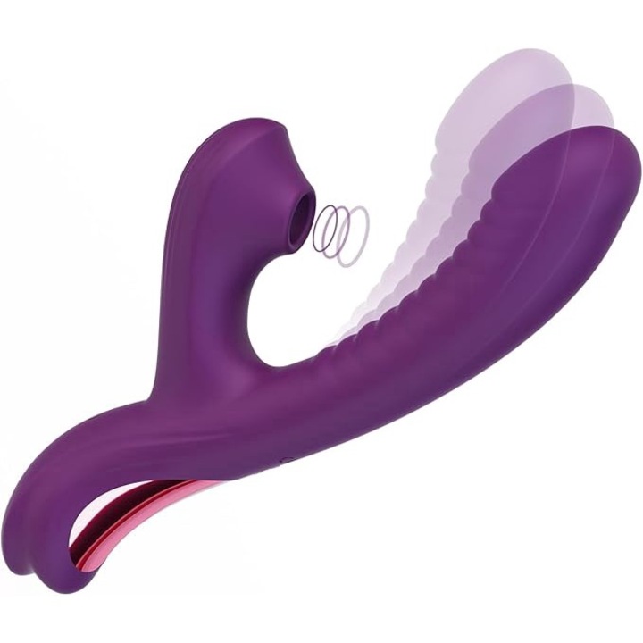 Вибратор секс играчки, 2 в 1, Дамски, Функция за смучене, Дилдо, Стимулатор за клитор и G-точка, 10 режима на вибрация, 3 режима на засмукване, ABS и медицински силикон, USB зареждане, Водоустойчив, Реалистични усещания, Лилав