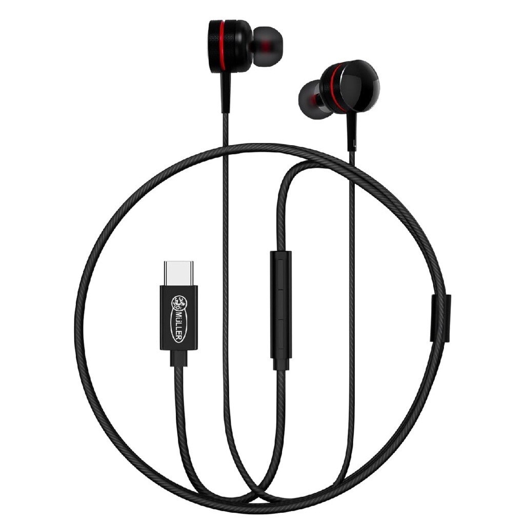 Casti Müller®️ cu fir in-ear si microfon, telecomanda pentru apeluri/volum, DAC ADC 32bit 348Khz, Hi-Res Hi-Fi, 10MM-6μ grafit film negru de fum, bobina dinamica 32 ohmi, mufa type-C 1, 2 metri, Negru