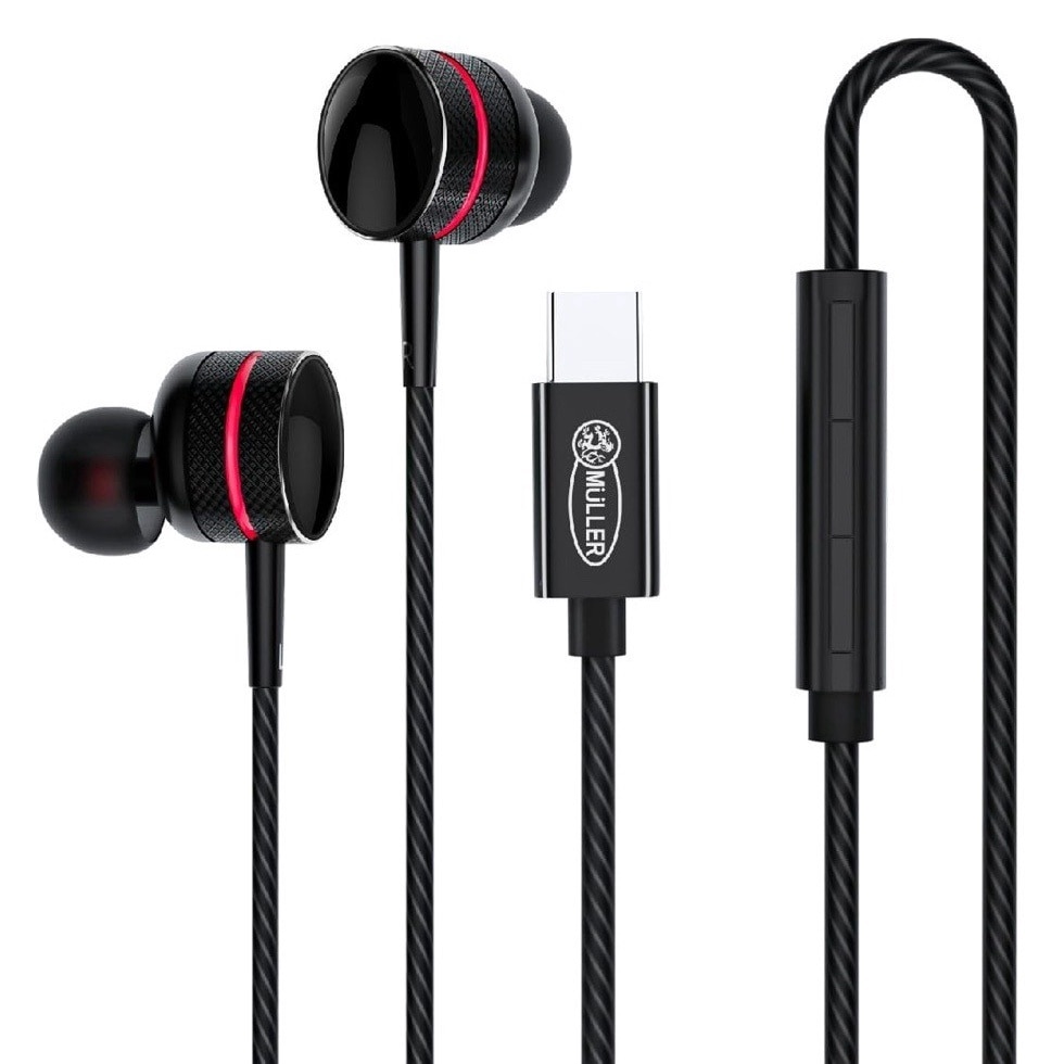 Casti Müller®️ cu fir in-ear si microfon, telecomanda pentru apeluri/volum, DAC ADC 32bit 348Khz, Hi-Res Hi-Fi, 10MM-6μ grafit film negru de fum, bobina dinamica 32 ohmi, mufa type-C 1, 2 metri, Negru
