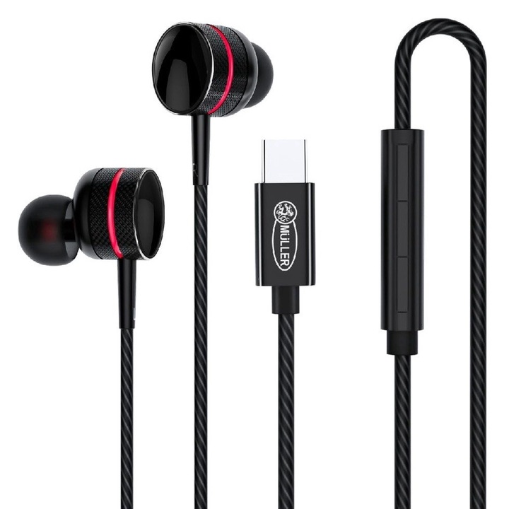 Casti Müller®️ cu fir in-ear si microfon, telecomanda pentru apeluri/volum, DAC ADC 32bit 348Khz, Hi-Res Hi-Fi, 10MM-6μ grafit film negru de fum, bobina dinamica 32 ohmi, mufa type-C 1, 2 metri, Negru