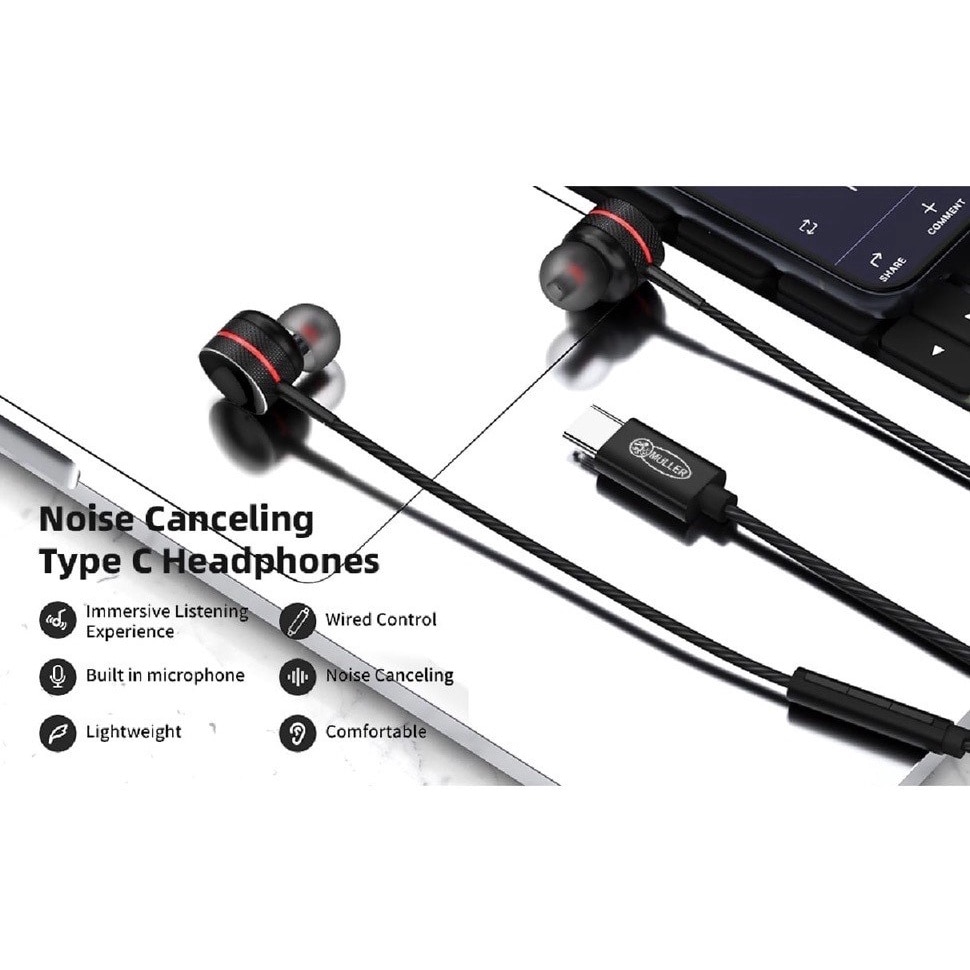 Casti Müller®️ cu fir in-ear si microfon, telecomanda pentru apeluri/volum, DAC ADC 32bit 348Khz, Hi-Res Hi-Fi, 10MM-6μ grafit film negru de fum, bobina dinamica 32 ohmi, mufa type-C 1, 2 metri, Negru