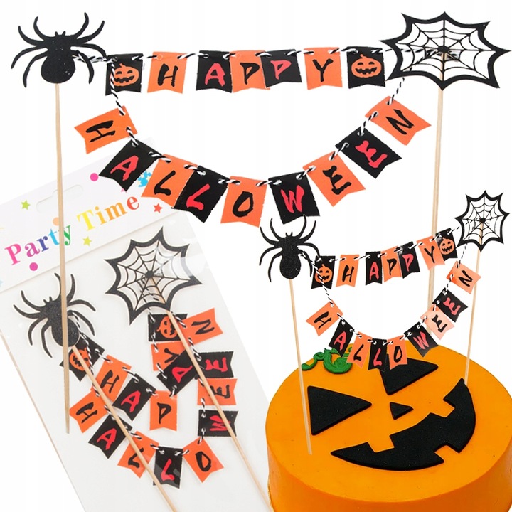 Set decoratiuni Halloween pentru prajituri, Happy Halloween, negru-portocaliu, 22x19cm