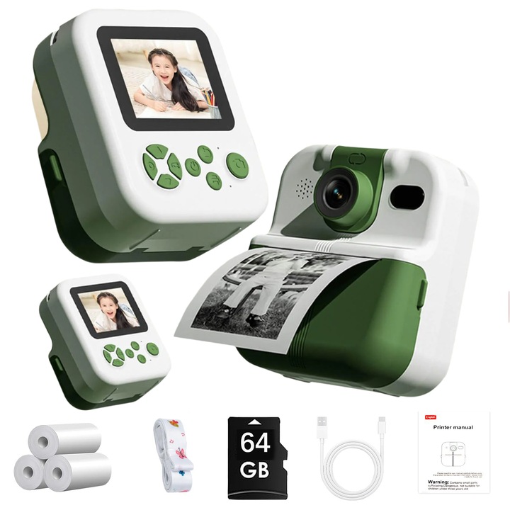 Детски фотоапарат за моментално печатане, 2.4-инчов екран, 64G карта памет, въртящ се на 180 градуса обектив, Bluetooth, преносима термокамера за печат за подаръци за рожден ден, WALALLA, Moss Green