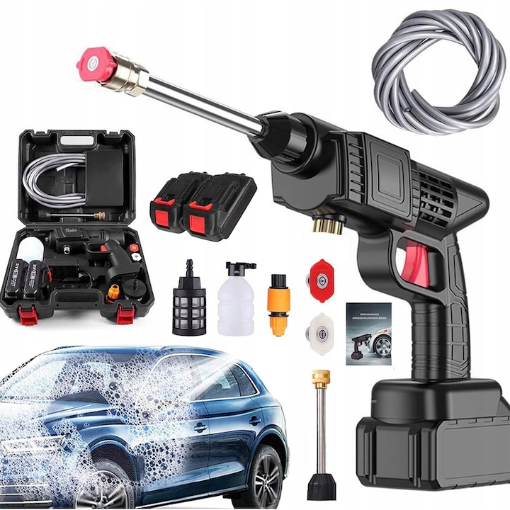 Водоструйка, lynker, Маркуч 5м, Пулверизатор за пяна, Куфар за транспорт, 1500W, Преносим комплект за автомобил, мотоциклет, двор, градина, 2 акумулатора, черен