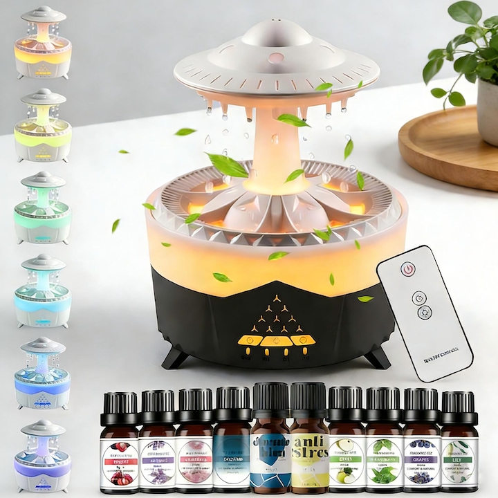 Umidificator Difuzor de Arome si Uleiuri Esentiale, Difuzor de uleiuri esentiale 7 culori efecte luminoase LED, Difuzor de Aroma 2 Moduri de vaporizare Abur si Picaturi de Apa, Temporizator, Auto OFF, 350 ml, Maro si Alb
