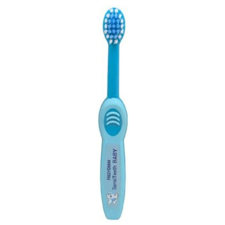 Periuta de dinti pentru bebelusi Frezyderm, 6-36 luni, albastru deschis, cap rotund, manere moi