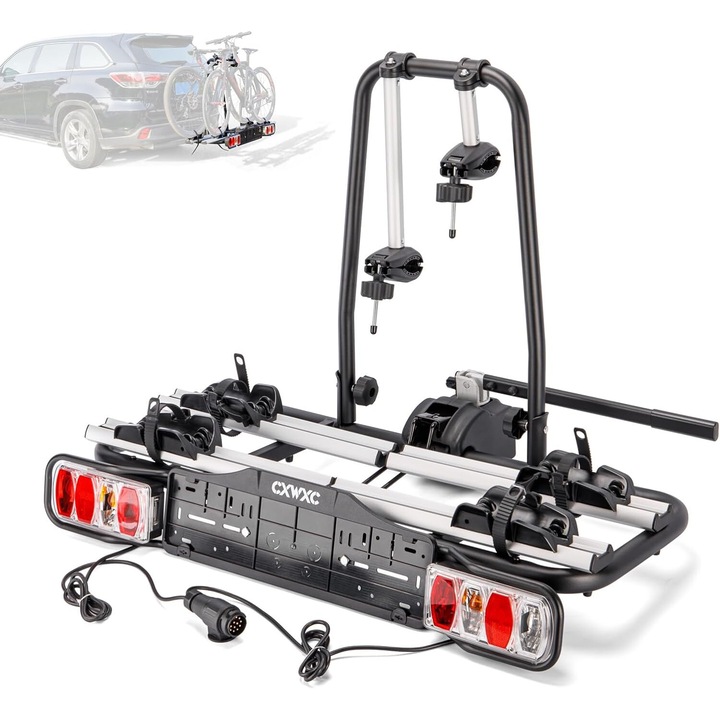 Багажник за велосипеди за кола CXWXC, 2 велосипеда, 60 кг, Монтаж на теглич, С вградено осветление