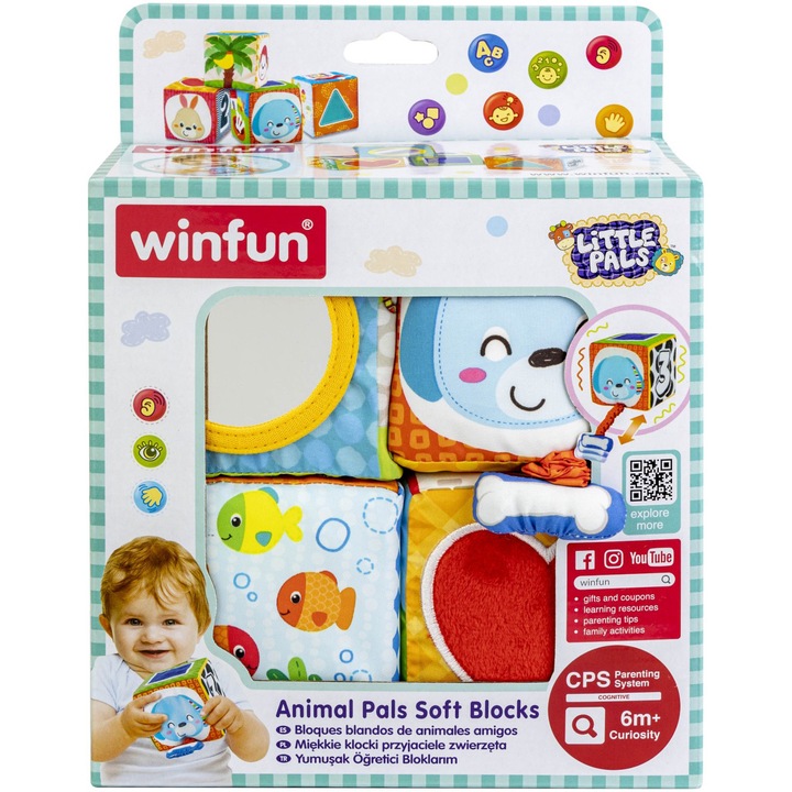 4db Winfun egymásra rakható kocka készlet, textil anyagú, babáknak, tarka