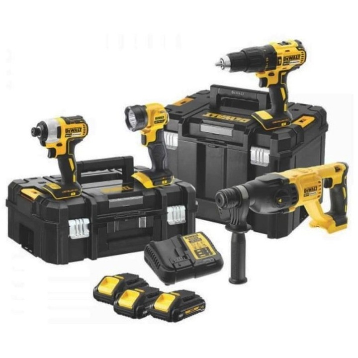 Комплект акумулаторни инструменти 18V, 4 части, 2 кутии, DeWALT, 3 батерии 3.0Ah, LED