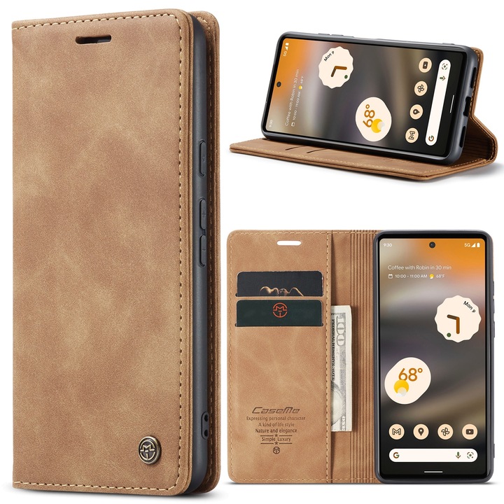 Калъф за Google Pixel 6a, CaseMe, slim, кожен, тип портфейл, стойка, магнитно закопчаване, кадифена текстура, Светлокафяво