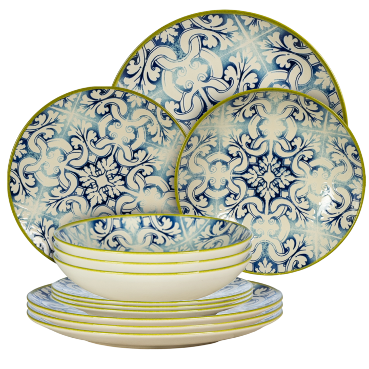 Set farfurii, 12 piese, 4 persoane, German Quality, Ivoire cu albastru