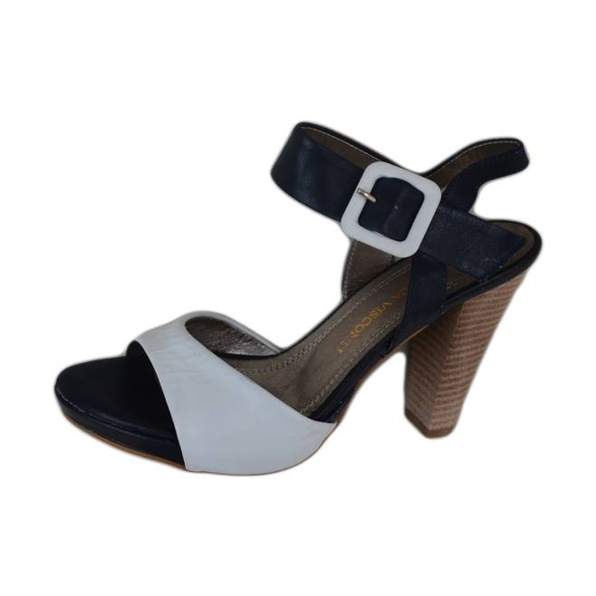 Sandale cu toc inalt si bareta groasa,D&J Exclusive, Bleumarin/Alb