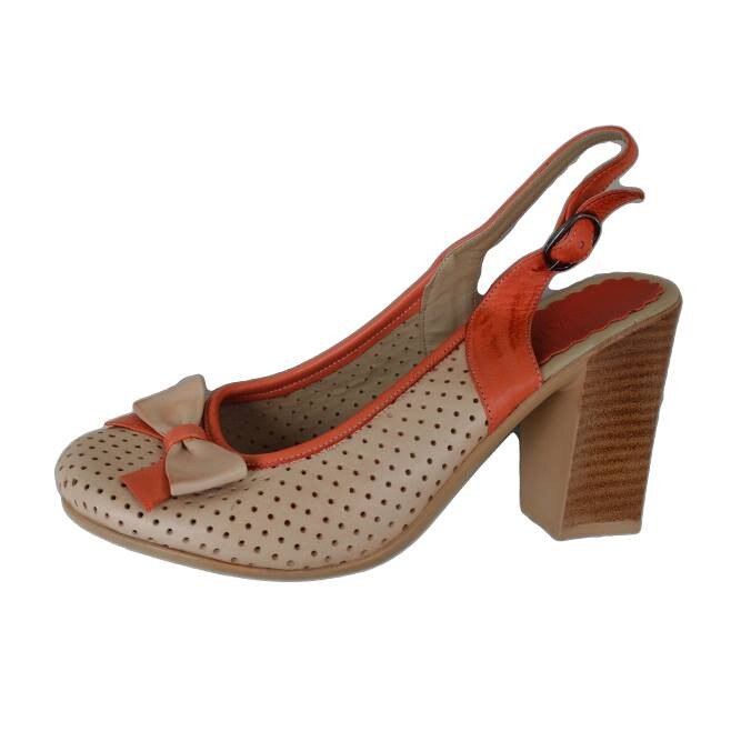 Sandale bicolore, cu perforatii si funda, D&J Exclusive, Bej-Corai, 40 EU