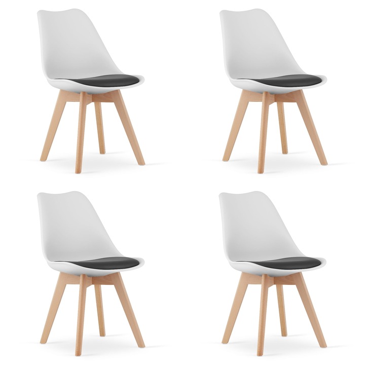 Комплект 4 стола OSKAR, черно и бяло, дърво/полипропилен, бяло, 49x82см