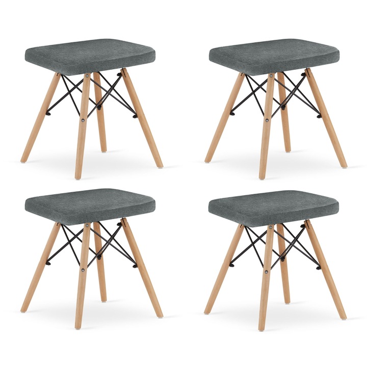 Set de 4 tabureti WERK, gri, 45,5x42,5x40,5cm, cu picioare din lemn de fag