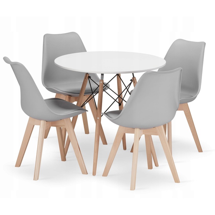 Set masa rotunda, OSKAR, MDF/Lemn, TODI 80x72cm, 4 scaune MARK, alb/gri