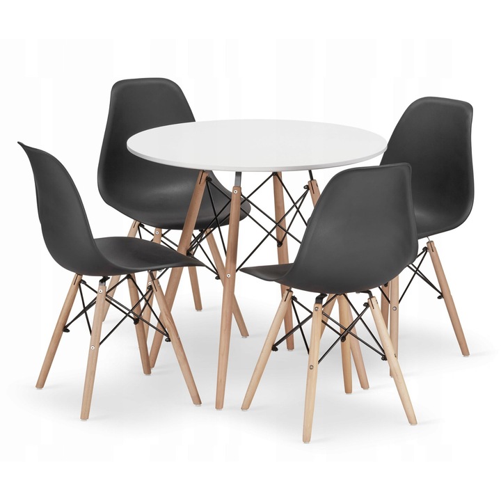 Set masa rotunda, OSKAR, MDF/Lemn, TODI 80x72cm, 4 scaune, Alb/Negru
