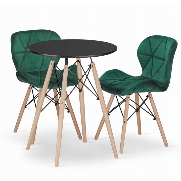 Set masa rotunda, OSKAR, TODI 60x72cm, 2 scaune LAGO, material MDF si lemn de fag, Negru/Verde