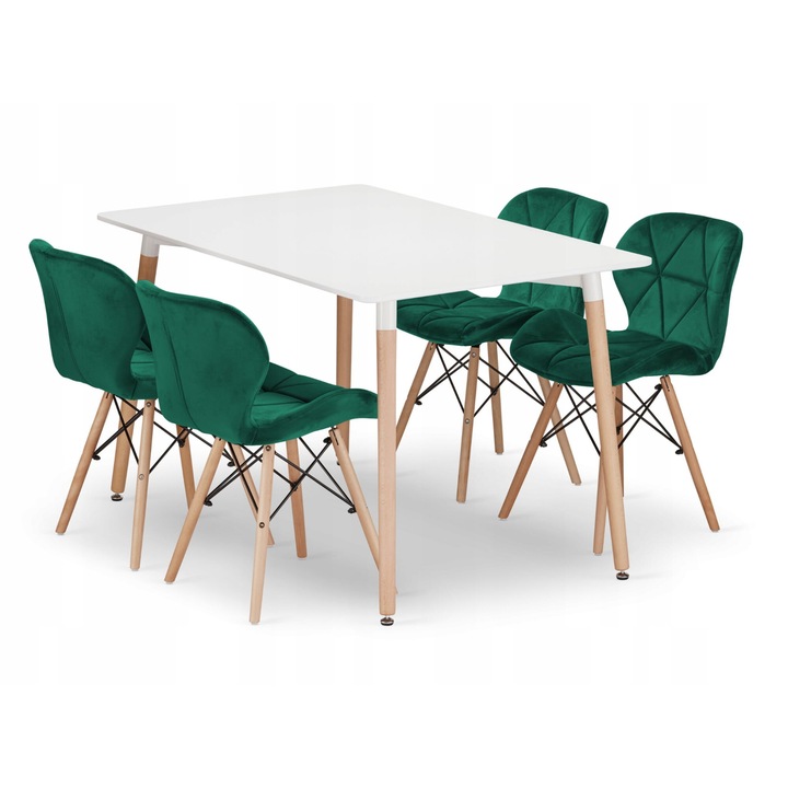 Set masa si scaune OSKAR, ADRIA 120x80cm alb, 4 scaune LAGO verzi, MDF/Lemn