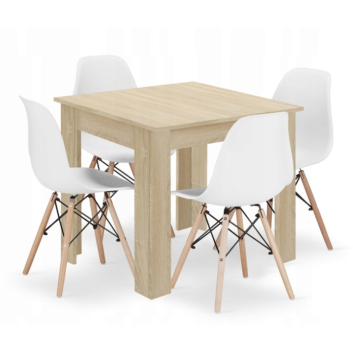 Set masa si scaune, OSKAR, masa 80x80cm, 4 scaune albe, dublu material, dab sonoma