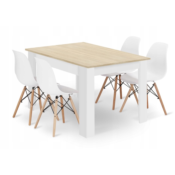 Set masa si scaune, Leobert, masa dreptunghiulara 120x80cm, 4 scaune albe, Dab sonoma