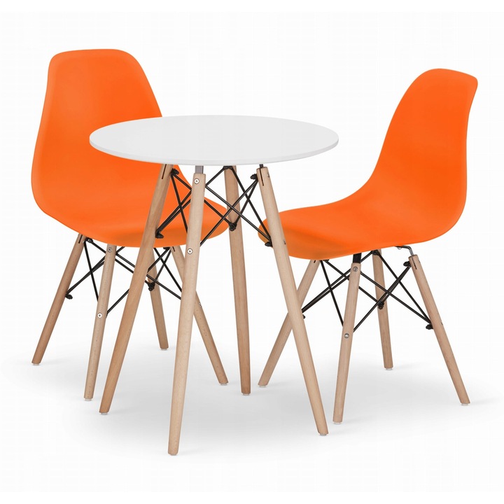Set masa rotunda, OSKAR, TODI 60x72cm alb, 2 scaune OSAKA portocalii, material MDF/lemn de fag