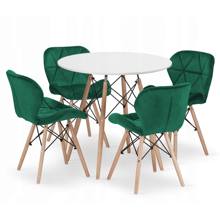 Set masa si scaune OSKAR, masa rotunda 80cm alba, 4 scaune verzi, design modern