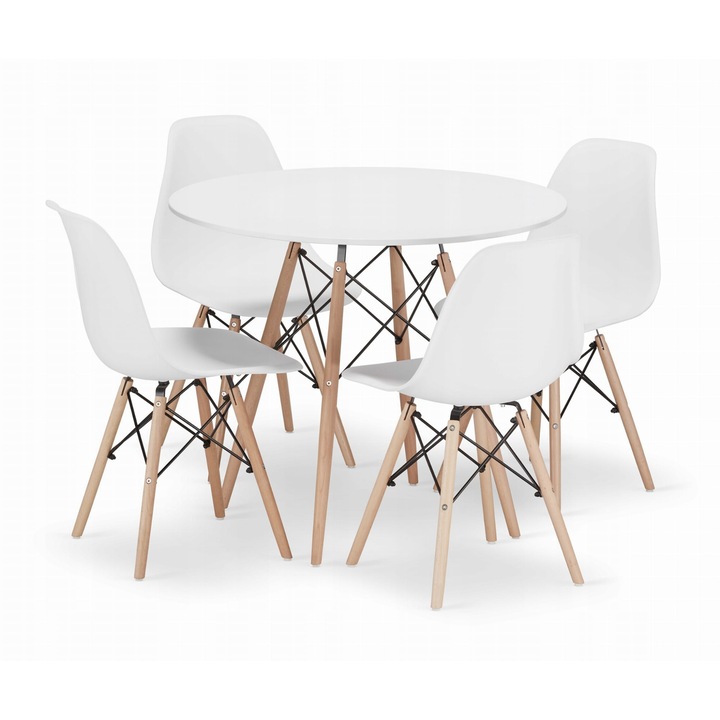 Set masa rotunda, OSKAR, TODI 90x72cm alb, 4 scaune, albe, material MDF/lemn de fag